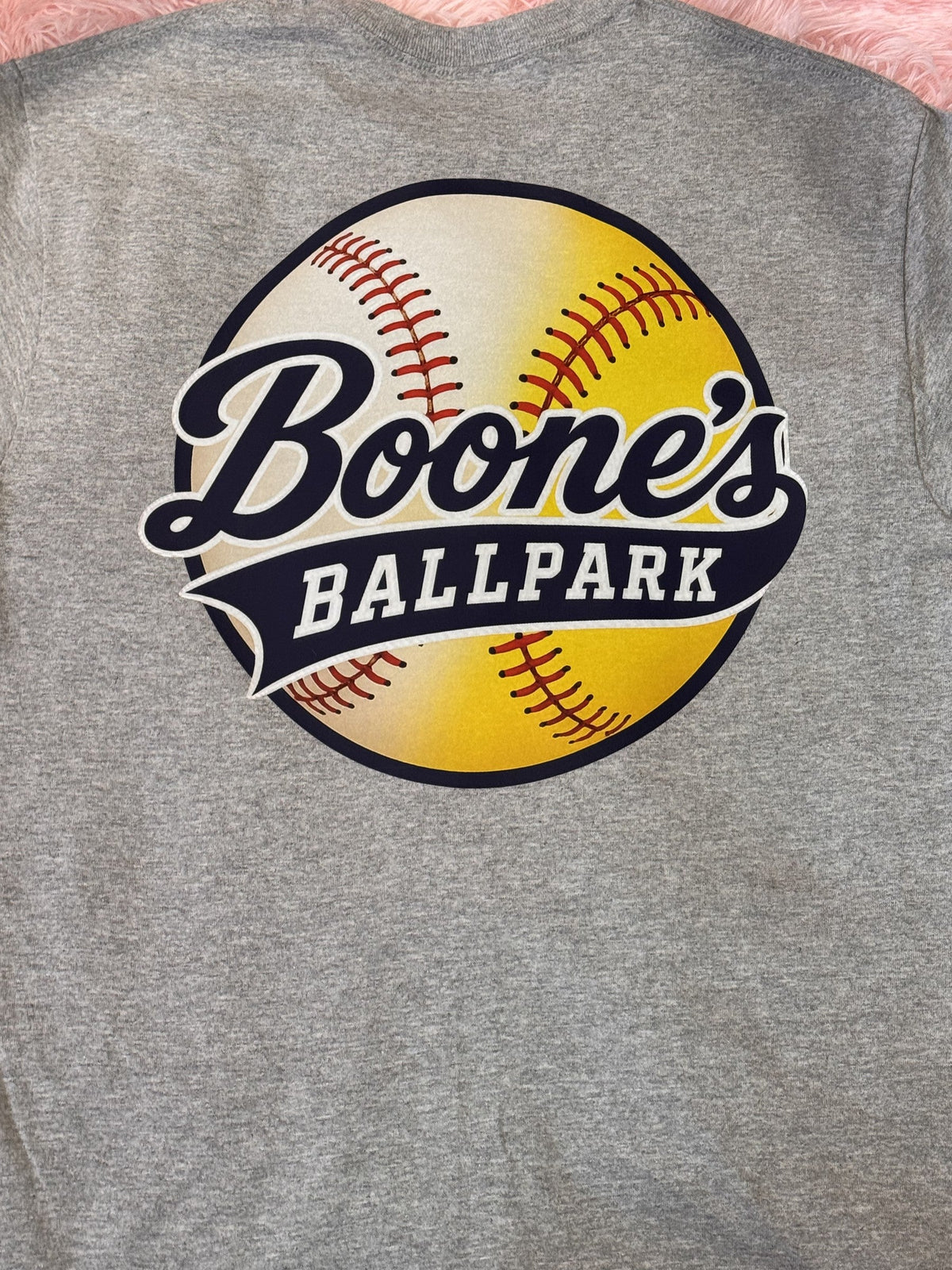 Gray sweatshirt with embroidered Boone’s Ballpark baseball logo