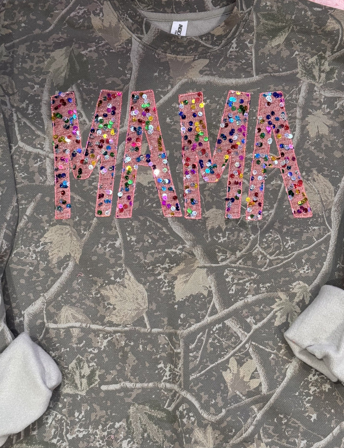 Camouflage shirt with floral MAMA applique embroidery