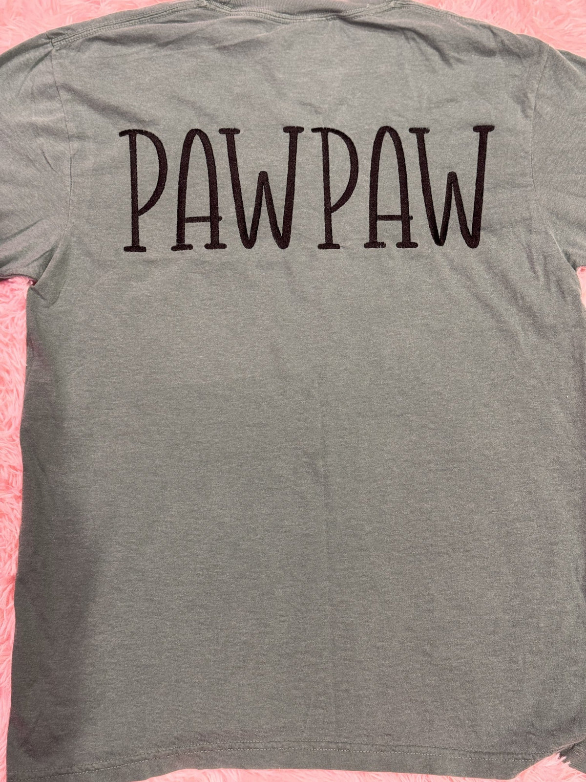 Gray family shirt embroidered with PAWPAW in black lettering