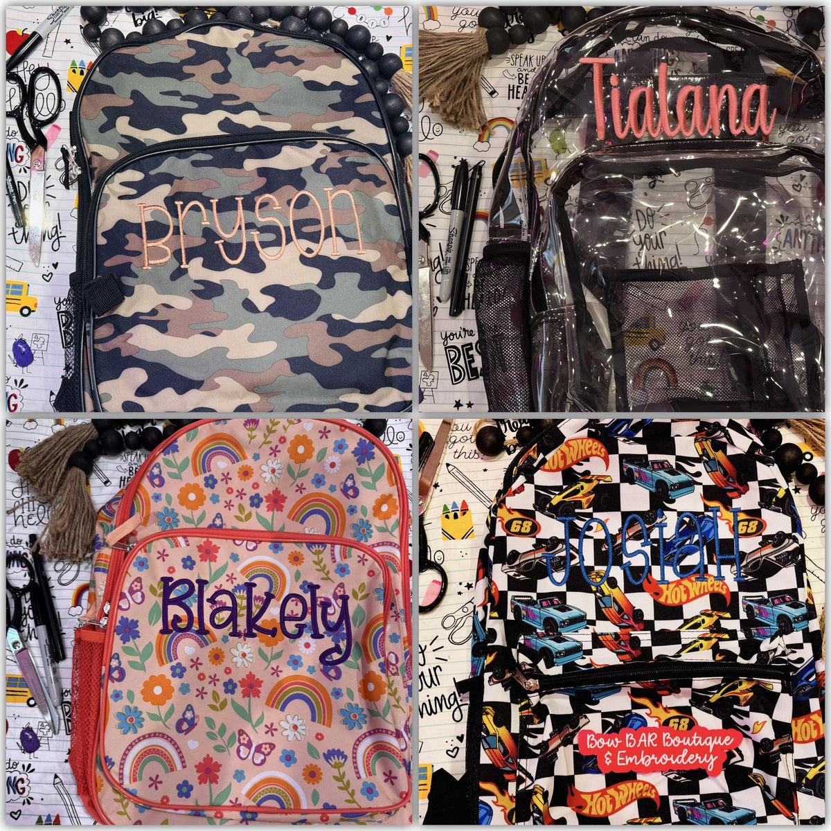 Collage of personalized children’s backpacks in camouflage clear and colorful patterns