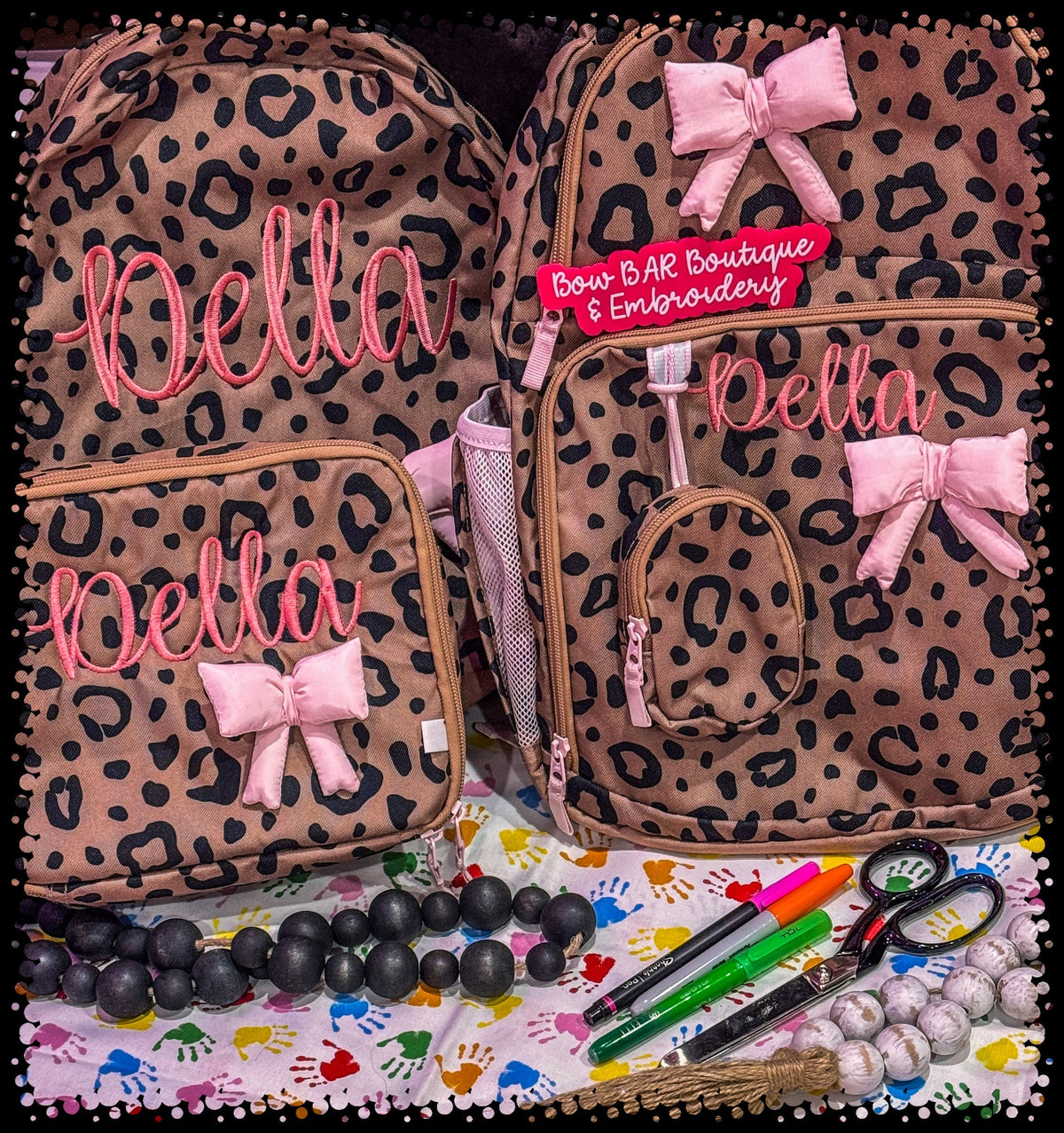 Leopard-print personalized backpack and matching accessories with the name Della