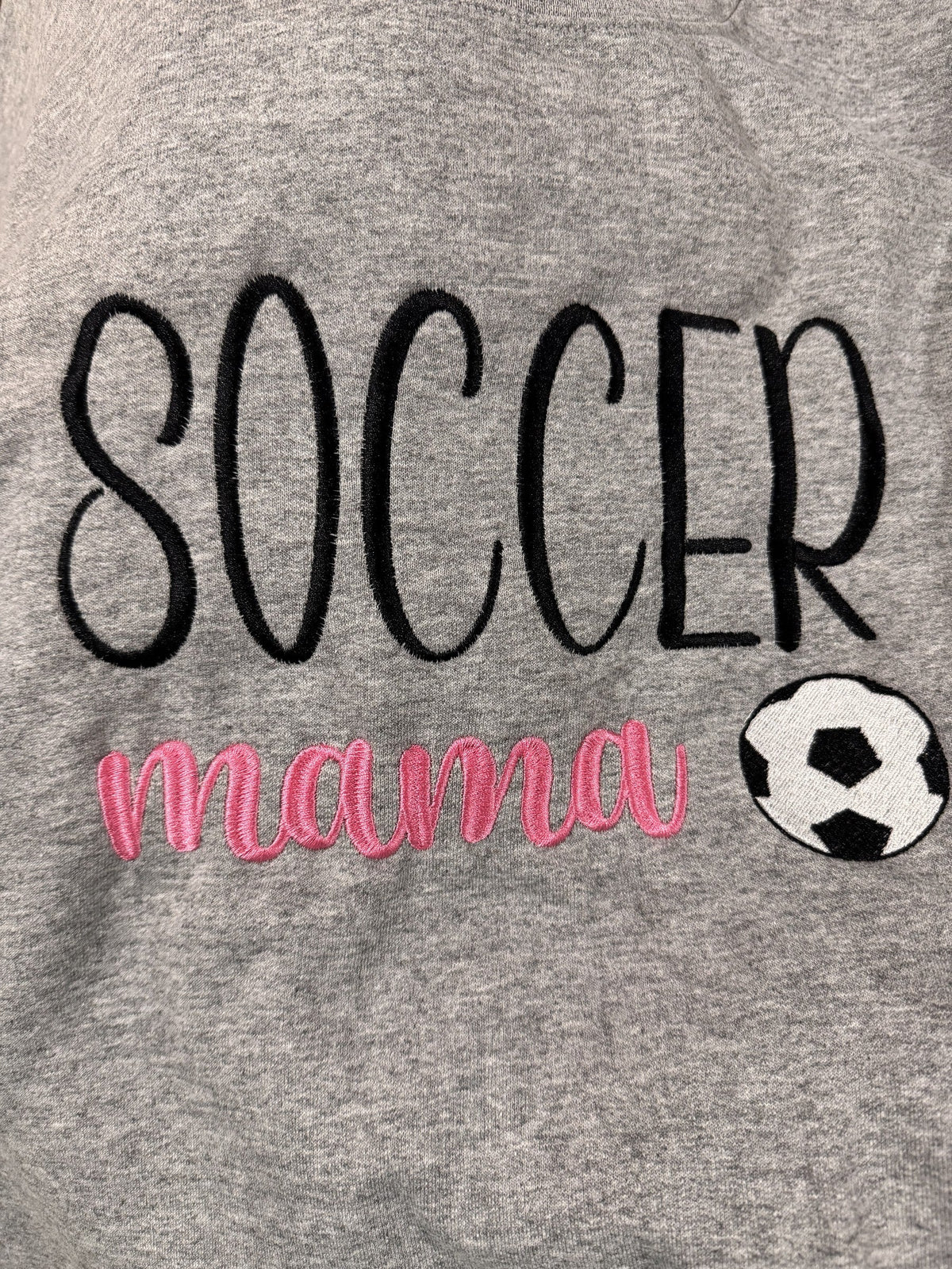 Gray sweatshirt embroidered with Soccer Mama and a soccer ball