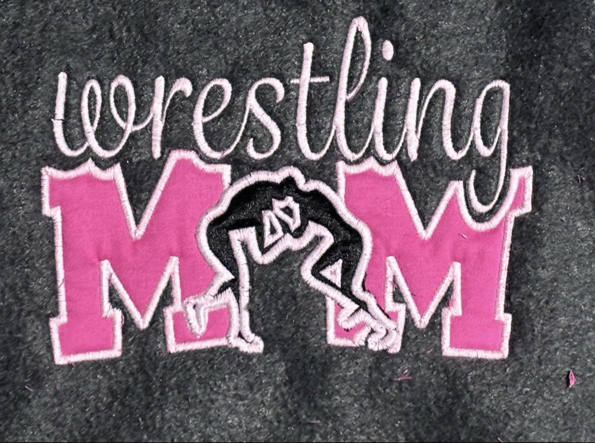 Gray sweatshirt with pink Wrestling Mom applique embroidery